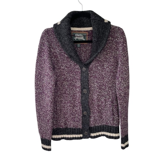 ROOTS Canada Wool Chunky Knit Shawl Collar Cardigan Sweater Purple M - Picture 1 of 5